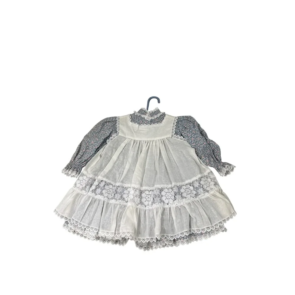 VTG Bryan Toddler Girls Floral Prairie Dress with White Lace Pinafore Apron 2T